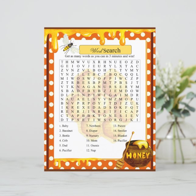 Papier Sweet Honeybee Baby shower Word Recherche Jeu (Debout devant)