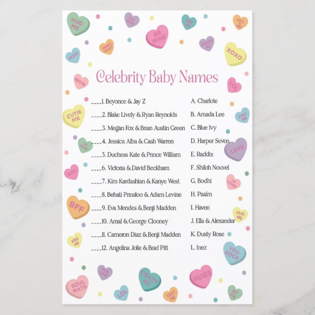 Papier Sweetheart Candy Celebrity Names Baby shower Jeu (Devant)