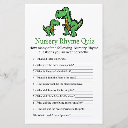 Papier T-rex Nursery Rhyme Quiz jeu de baby shower (Devant)