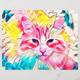 Papier Tabby Design Chat rose Jaune Design d'art Turquois