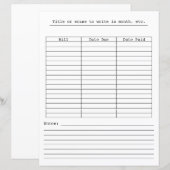 Papier Tableau de paiement mensuel des factures sur la pa (Devant / Derrière)