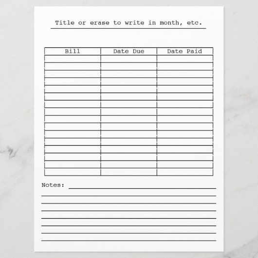 Papier Tableau de paiement mensuel des factures sur la pa (Devant)