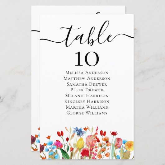 Papier Tableau des sièges du Mariage Fleur sauvage BUDGET (Devant / Derrière)