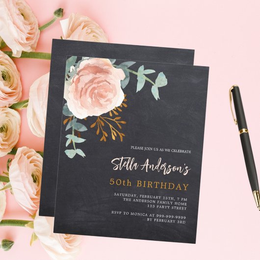 Papier Tableau noir gris rose fleur d'anniversaire