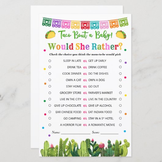 Papier Taco Baby shower Voudrait-Elle Plaire Jeu Cactus t (Devant / Derrière)