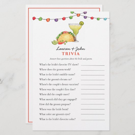 Papier Taco & Tequila Fiesta Couple's Shower Trivia jeux (Devant / Derrière)