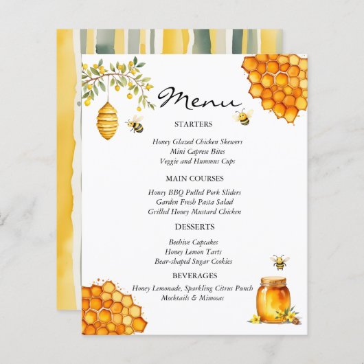 Papier Tarjeta de menú Baby shower Bee Honey Bear (Devant / Derrière)