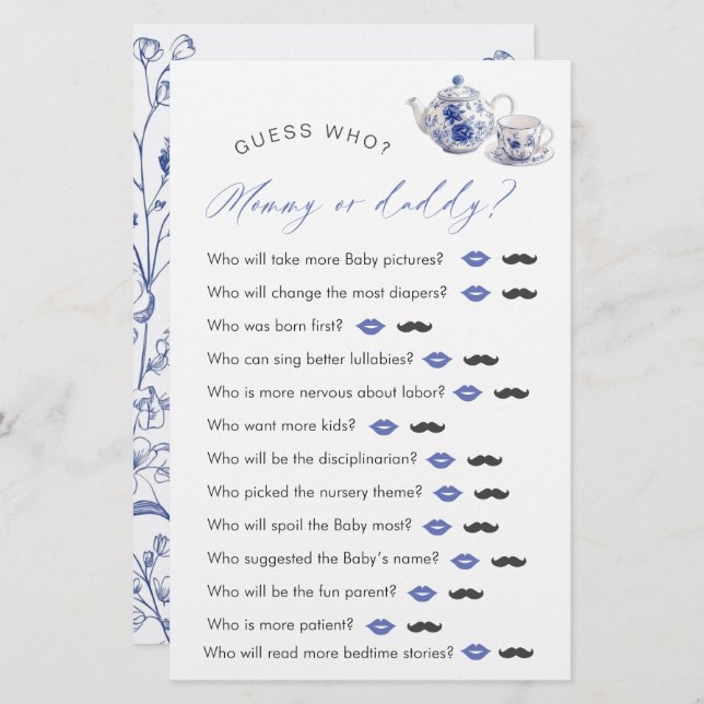 Papier Tea Time Toile Thème Baby shower "Devis Qui" Jeu (Devant / Derrière)