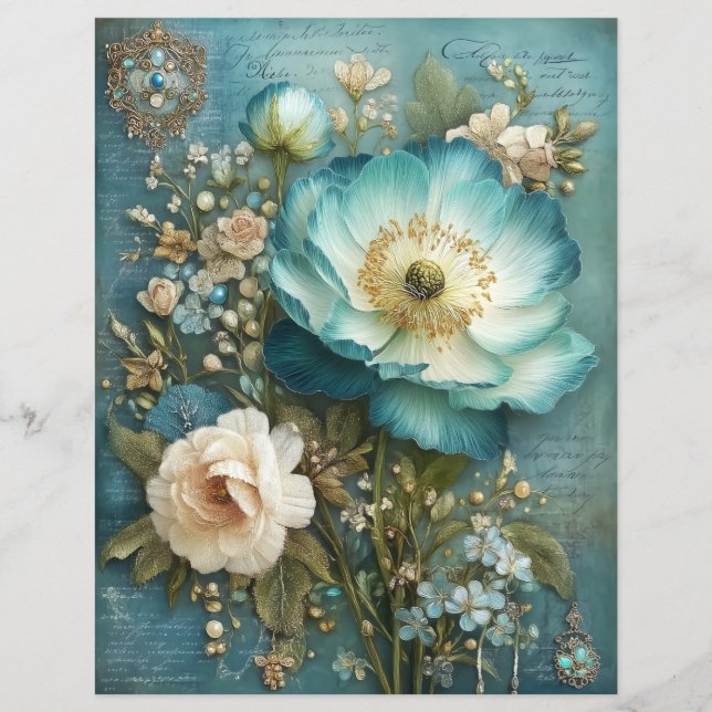 Papier Teal Turquoise Flower Junk Journal Scrapbook Paper (Devant)