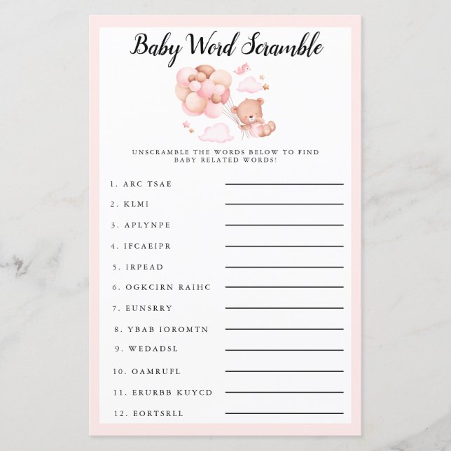 Papier Teddy Baby shower rose Baby Word Scramble Jeu (Devant)