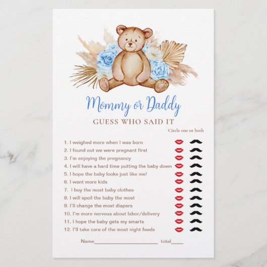 Papier Teddy Bear Baby Boy Mommy ou Daddy Jeu (Devant)