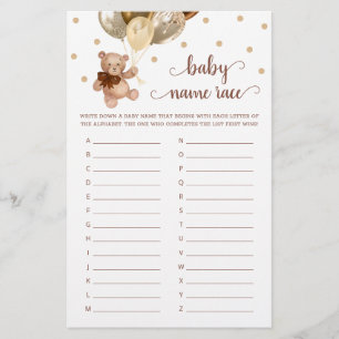 Papier Teddy Bear Baby Name Race Baby shower Jeu