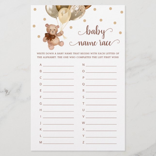 Papier Teddy Bear Baby Name Race Baby shower Jeu (Devant)