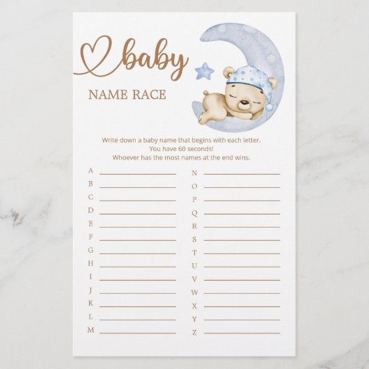 Papier Teddy Bear Baby shower Baby Name Race Game (Devant)