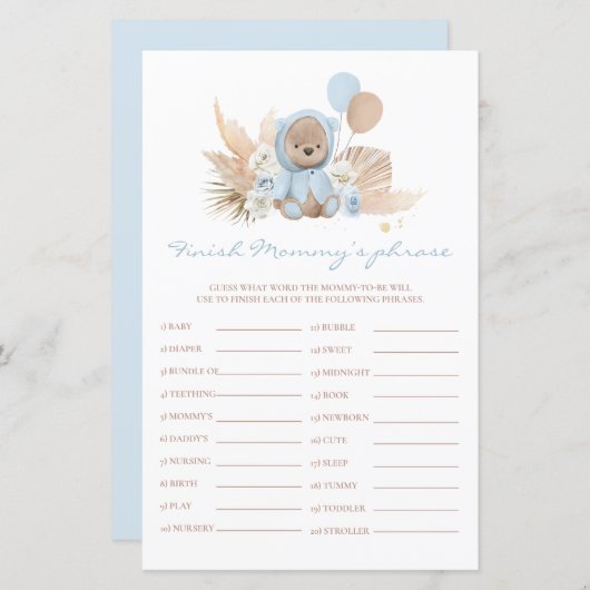 Papier Teddy Bear Baby shower Finish Mommy's Phrase Game (Devant / Derrière)