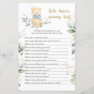 Papier Teddy Bear Baby shower Jeu Qui Connaît Maman Meill