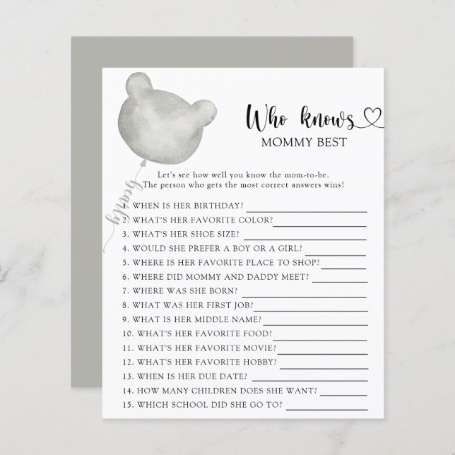 Papier Teddy Bear baby shower, Qui connaît maman mieux (Devant / Derrière)