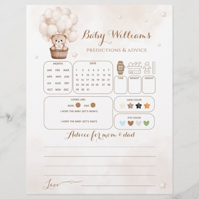 Papier Teddy Bear Balloon Baby shower de deviner jeu (Devant)