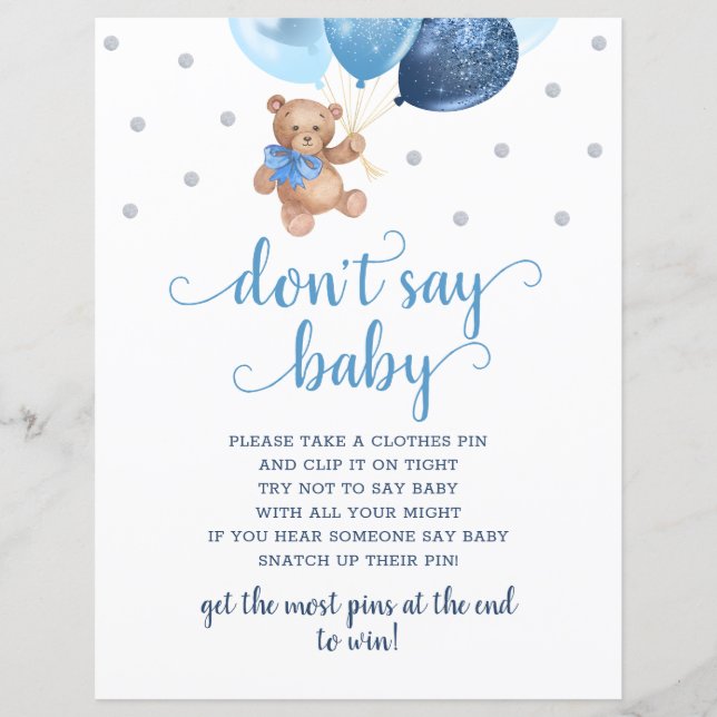 Papier Teddy Bear Blue Balloons ne pas dire Baby Game (Devant)