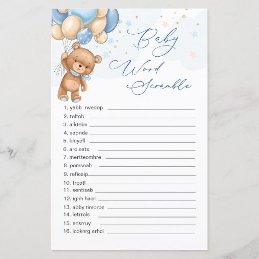 Papier Teddy Bear Blue Balloons Word Scramble Jeu (Devant)