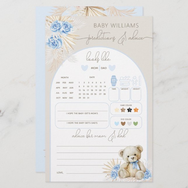 Papier Teddy Bear Boho Blue Baby shower Prediction Jeu (Devant / Derrière)