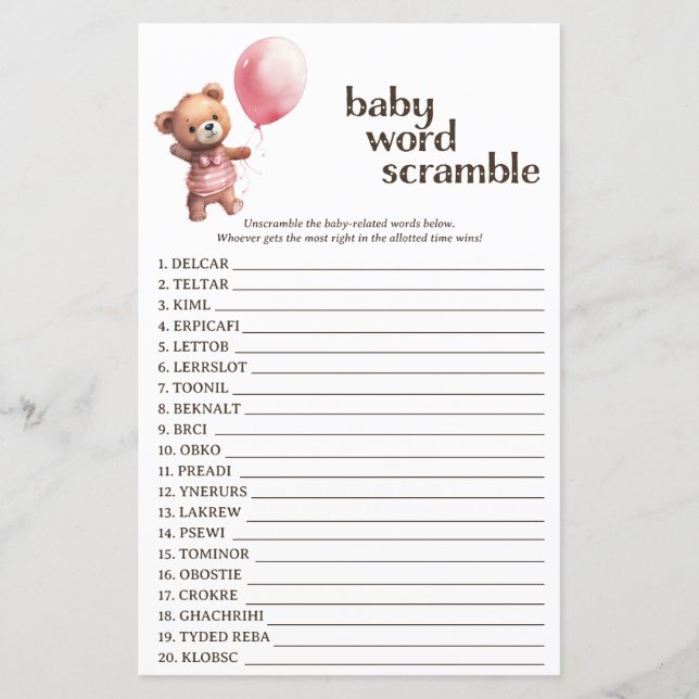 Papier Teddy Bear Girl Baby shower Word Scramble Jeu (Devant)