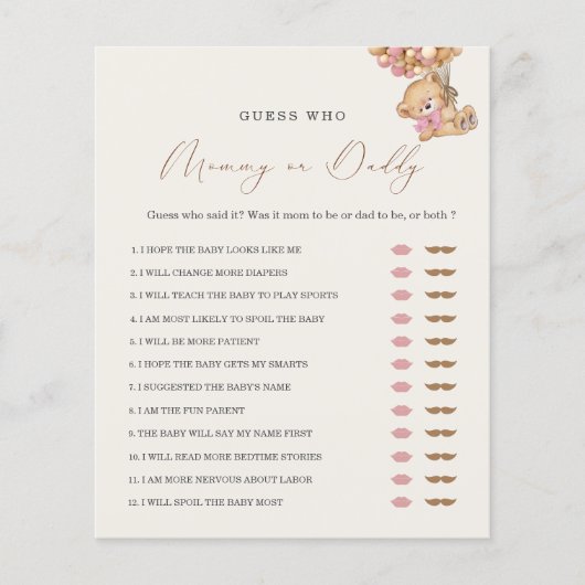 Papier Teddy Bear maman ou papa Baby shower jeu (Devant)