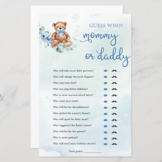Papier Teddy Bear maman ou papa garçon Baby shower jeu (Devant / Derrière)