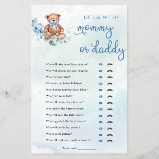 Papier Teddy Bear maman ou papa garçon Baby shower jeu (Devant)