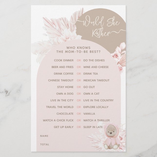 Papier Teddy Bear Modern Boho Girl jeu Baby shower (Devant)