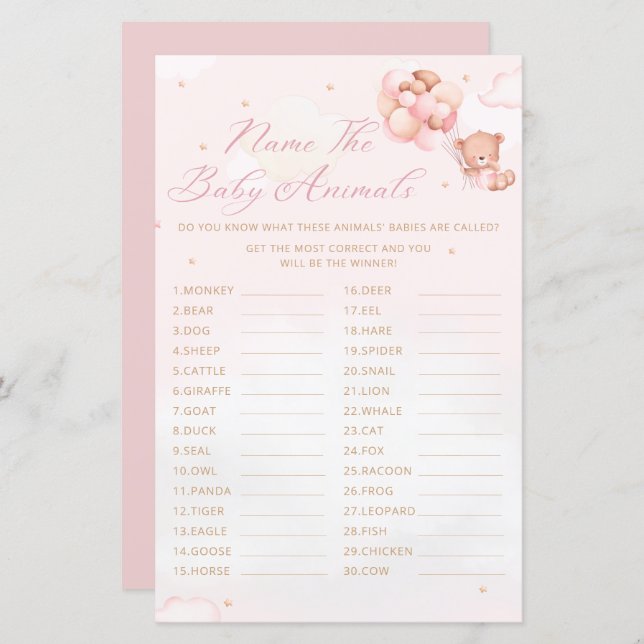 Papier Teddy Bear Nom du Baby shower animal bébé Jeu (Devant / Derrière)