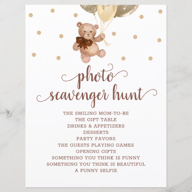 Papier Teddy Bear Photo Scavenger Baby shower Jeu (Devant)