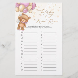 Papier Teddy Bear Pink Balloons Baby Name Race Jeu