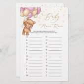 Papier Teddy Bear Pink Balloons Baby Name Race Jeu (Devant / Derrière)