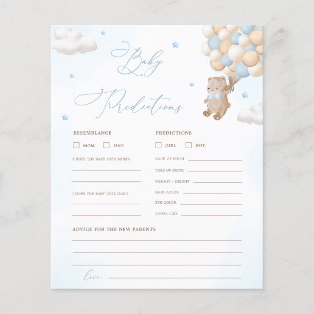Papier Teddy Bear Prédictions & Conseils Baby shower Jeu (Devant)