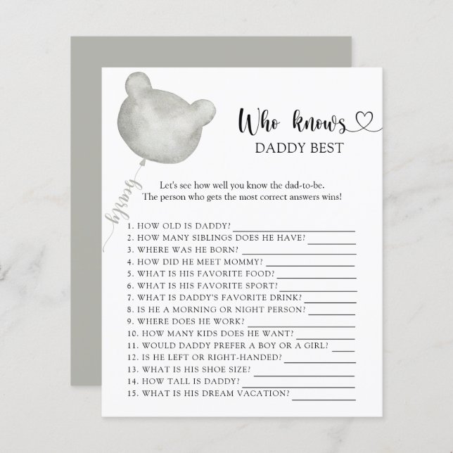 Papier Teddy Bear Qui connaît DADDY meilleur jeu (Devant / Derrière)