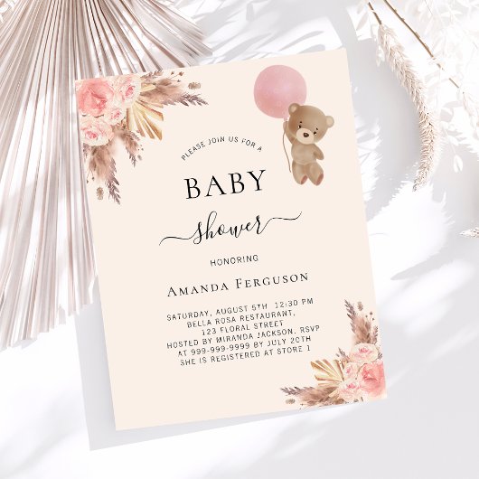 Papier Teddy bear rose beige fille baby shower invitation