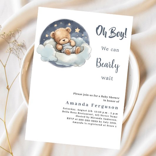 Papier Teddy ours garçon bleu lune Baby shower invitation