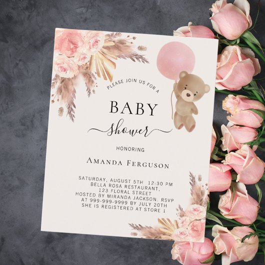 Papier Teden ours rose pampa herbe fille baby shower