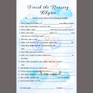 Papier Terminer le jeu de rime de la pépinière