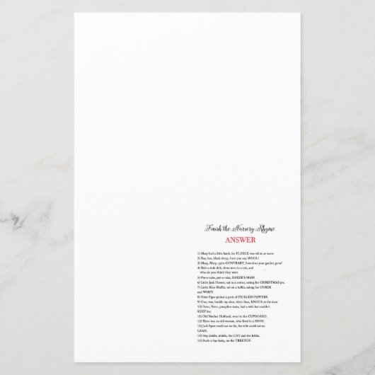 Papier Terminer le rime de la pépinière avec réponse (Dos)