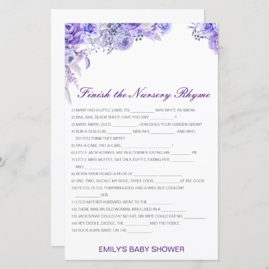 Papier Terminer le rime de la pépinière avec réponse (Devant / Derrière)