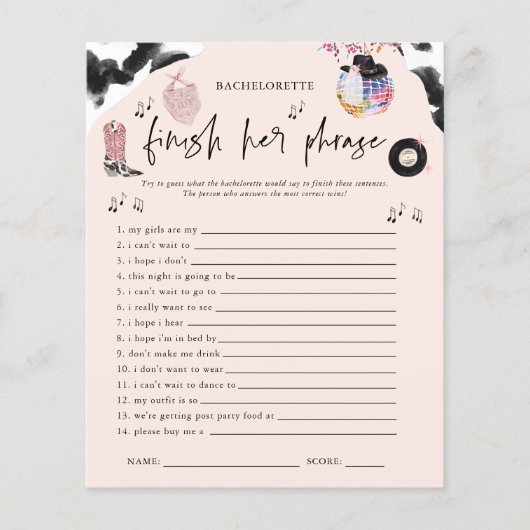 Papier Terminez la phrase Jeu de Bachelorette Disco Cowgi (Devant)