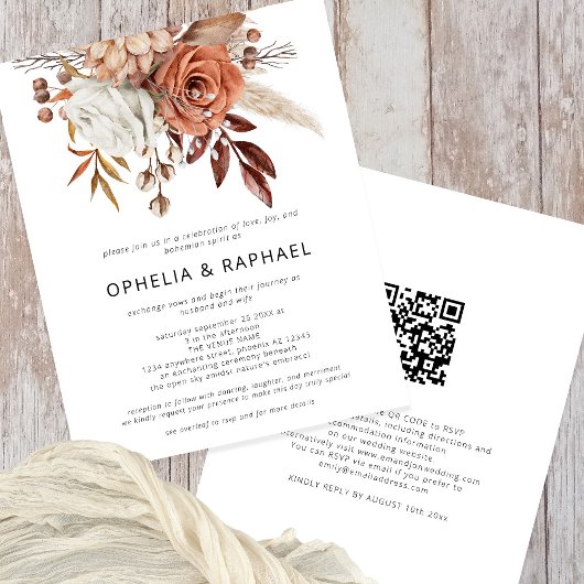 PAPIER Terracotta Bloemen QR Code Boheemse Bruilof Flyer