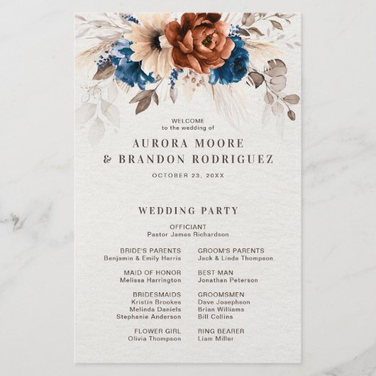 Papier Terracotta Navy Blue Pampas Grass Wedding Programm (Devant)