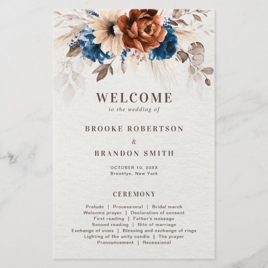 Papier Terracotta Navy Blue Pampas Grass Wedding Programm (Devant)