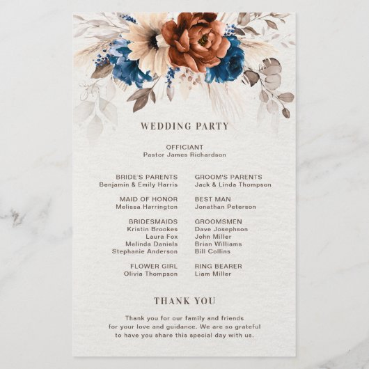 Papier Terracotta Navy Blue Pampas Grass Wedding Programm (Dos)