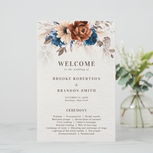 Papier Terracotta Navy Blue Pampas Grass Wedding Programm (Debout devant)