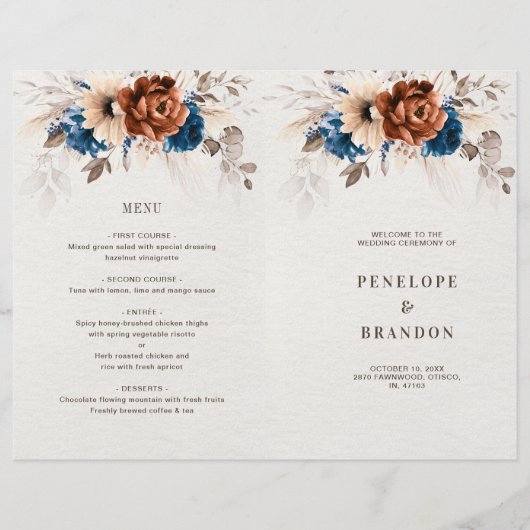 Papier Terracotta Navy Blue Pampas Grass Wedding Programm (Devant)