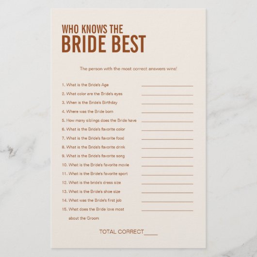 Papier Terracotta Qui Connaît Le Jeu De Fête des mariées  (Devant)